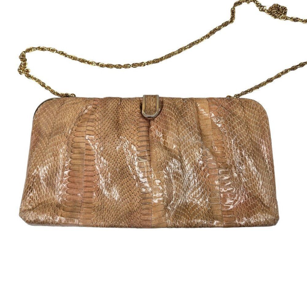Vintage Snake Skin Leather Clutch Purse Gold Chain Strap